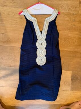 Lilly Pulitzer Navy Mini Sheath Dress with Gold Plaited Trim